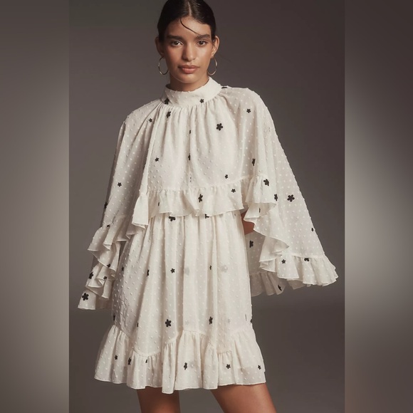 ANTHROPOLOGIE MARE MARE  Embroidered Chiffon Cape Swing Mini Dress medium - Picture 3 of 15